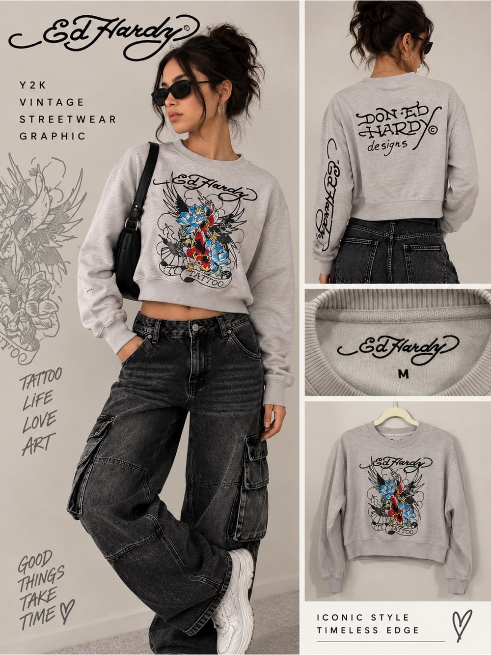 Ed Hardy Gray Cropped Tattoo Graphic Sweatshirt